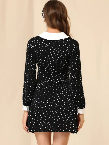 Allegra K- Polka Dots Peter Pan Collar Contrast Sleeve Shirt Dress