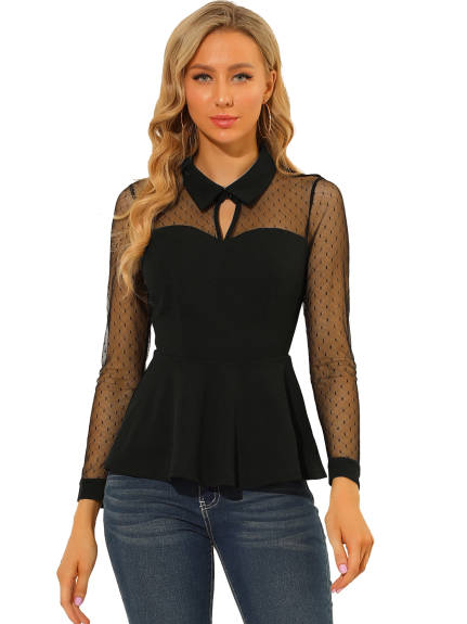 Allegra K- Mesh Sheer Long Sleeve Collar Keyhole Peplum Top