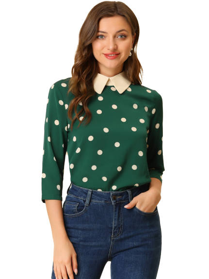 Allegra K- Dots Contrast Peter Pan Collar 3/4 Sleeve Top