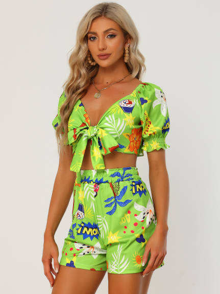 Allegra K- 2 Piece Romper Floral Knot Front Crop Top Shorts Set