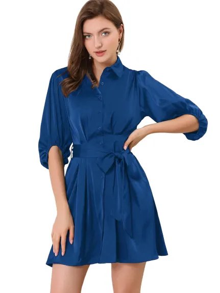 Allegra K- Pleated Waist Belted Shirt A-Line Dress