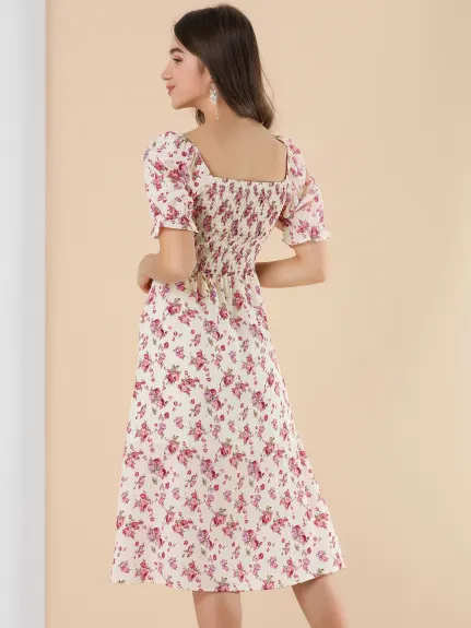 Allegra K- robe florale à col carré manches bouffantes Casual Midi Smocked