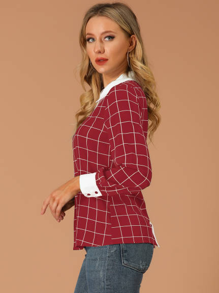 Allegra K- Contrast Collar Button Back Check Plaid Shirt