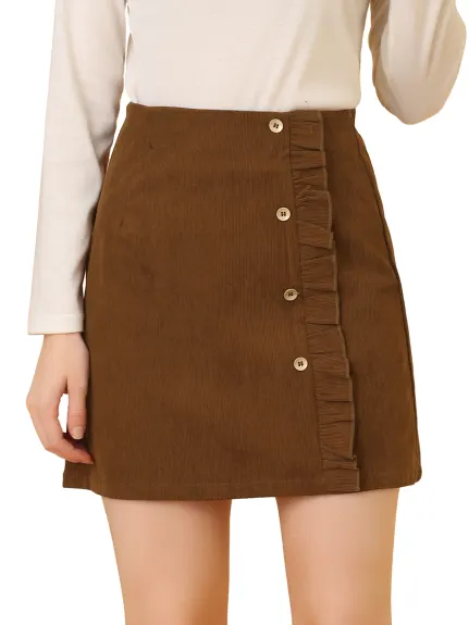 Allegra K - Corduroy Button Ruffled Trim Short Skirt