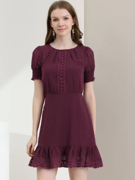 Allegra K- Short Sheer Sleeve Ruffle Hem Swiss Dots Chiffon Dress