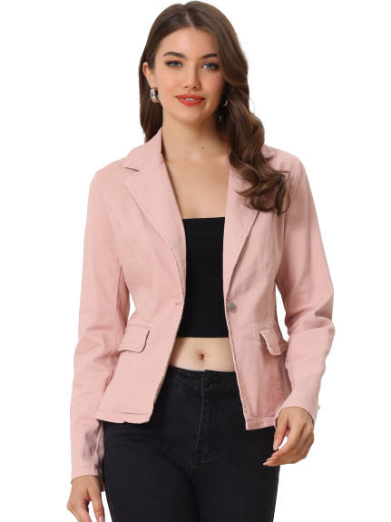 Allegra K- Notched Lapel One Button Washed Denim Blazer