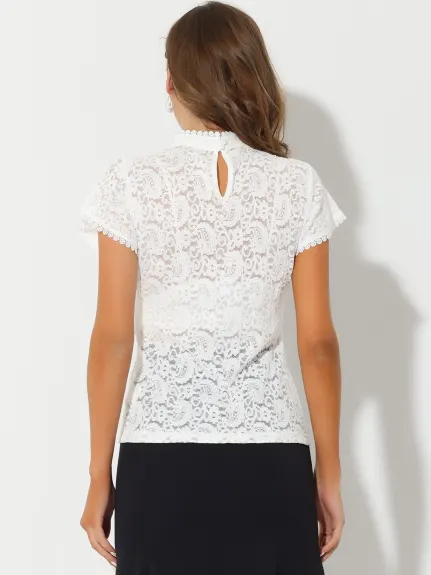 Allegra K- Floral Lace Keyhole Back Fitted Semi Sheer Top