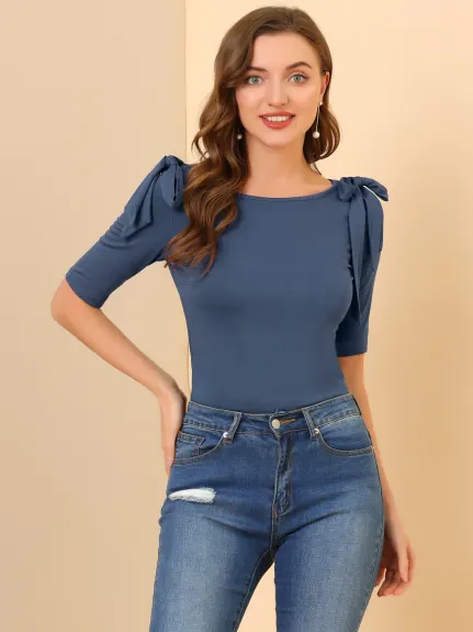 Allegra K - Boat Neck Stretchy Elegant Elbow Sleeve Top