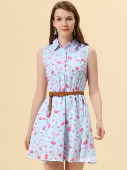 Allegra K- Printed Half Placket Sleeveless Belted Dress