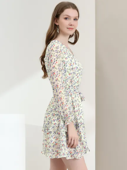 Allegra K- Long Sleeve Belted Ruffle Chiffon Floral Dress