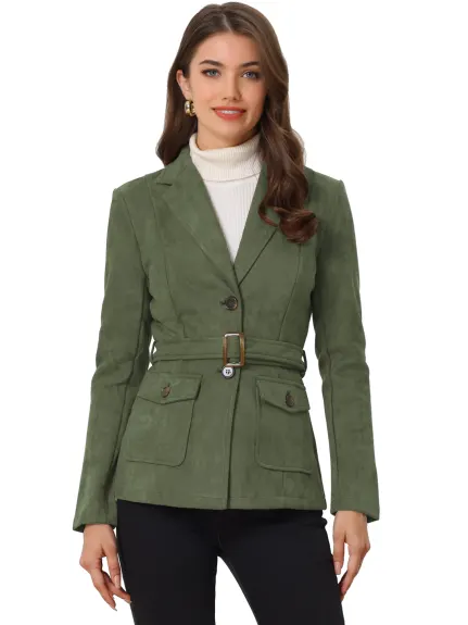 Allegra K- Manteau blazer à simple boutonnage avec ceinture en faux suède