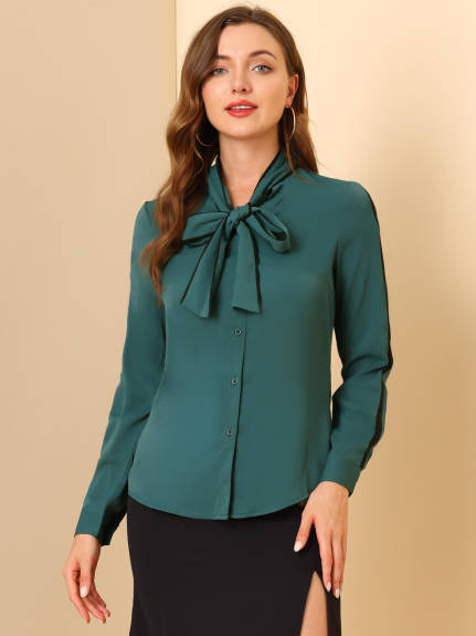 Allegra K- Tie Bow Neck Contrast Trim Blouse