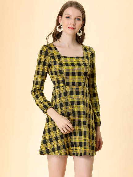 Allegra K- Square Neck Long Sleeve A-Line Plaid Dress