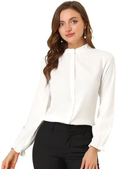 Allegra K- Ruffled Trim Stand Collar Long Sleeve Blouse