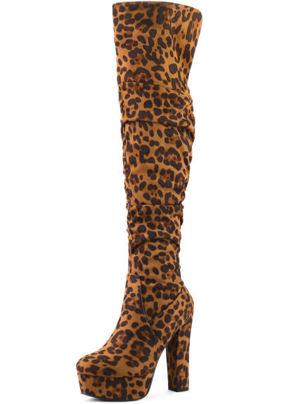 Allegra K - Platform Round Toe Slouch Thigh High Boots