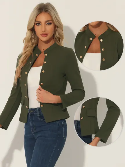 Allegra K- Veste blazer à col montant ouvert sur le devant avec boutons décoratifs