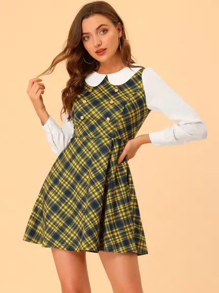 Allegra K- Plaid Peter Pan Collar Mini robe trapèze à manches longues