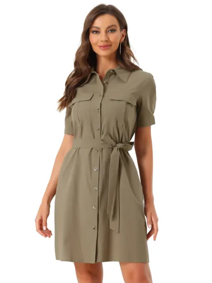 Allegra K- Button Down Safari Pocket Belted Shirt dress