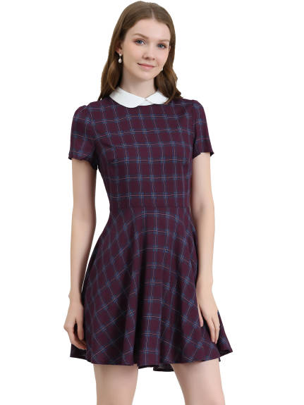 Allegra K- Peter Pan Collar Puff Sleeves Above Knee Plaid Grid Dress