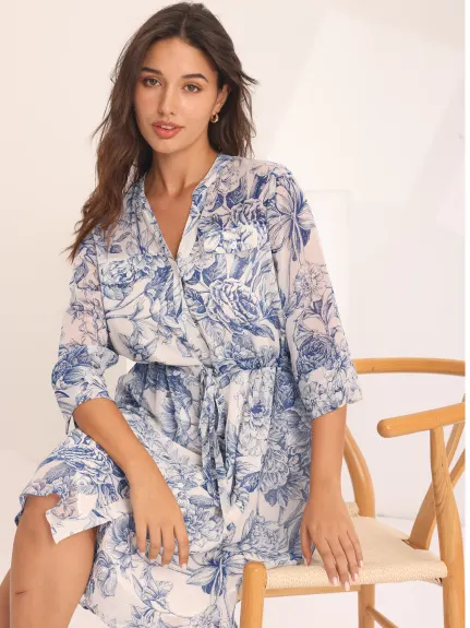 Hobemty- Floral Half Sleeve Tie Waist Button Down Dress