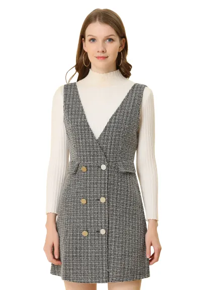 Allegra K - Jupe salopette élégante en tweed à carreaux et boutons