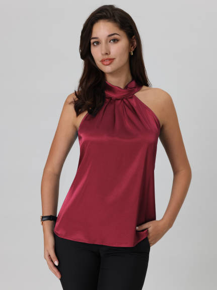 Hobemty -Halter Neck Satin Blouse Tank Top