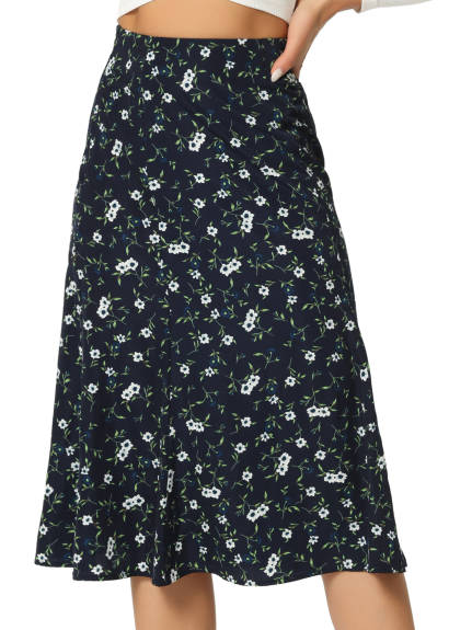 Allegra K- Elastic Waist A-Line Midi Leave Print Skirt