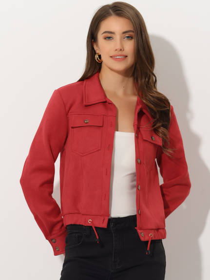 Allegra K- Faux Suede Point Collar Button Up Biker Moto Jacket