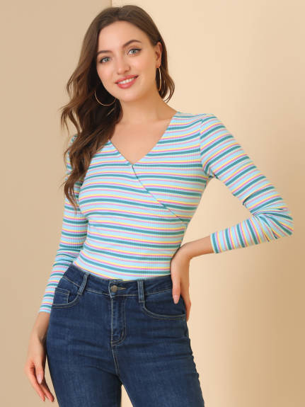 Allegra K- Stripe Rainbow Color Slim Long Sleeve Knit T-Shirt