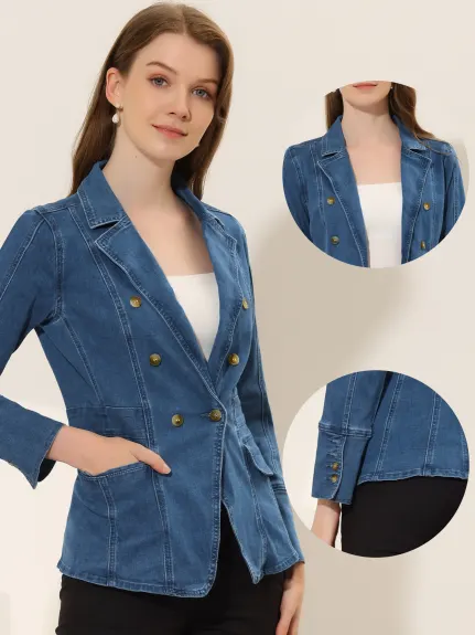 Allegra K- Veste en jean boutonnée à revers cranté avec poches