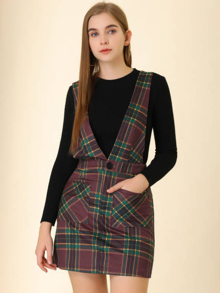 Allegra K- Plaid Above Knee Knit Crossover V Neck Overall Skirt