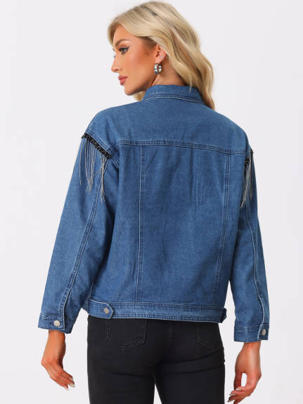 Allegra K- Beads Fringe Button Denim Jean Jackets