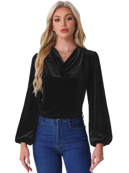 INSPIRE CHIC - Cowl Neck Lantern Long Sleeve Velvet Blouse