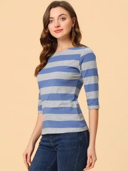 Allegra K- Boat Neck Elbow Sleeve Slim Fit Stripe T-Shirt