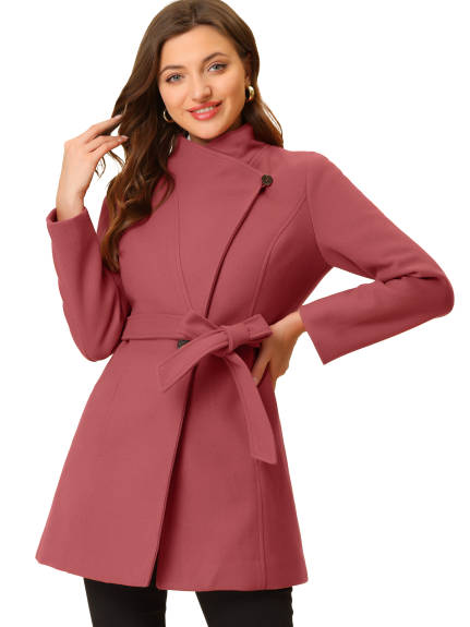 Allegra K- Classic Stand Collar Belted Long Coat