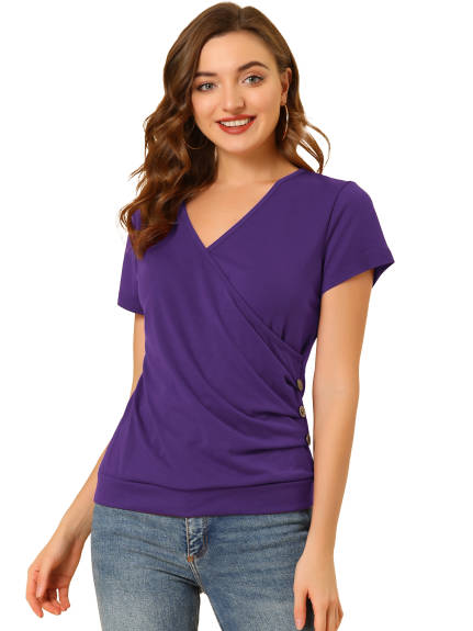 Allegra K - Wrap V Neck Short Sleeve Ruched Top