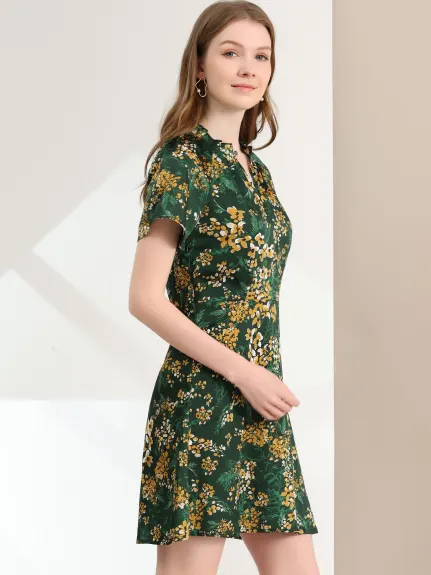 Allegra K- Vintage Mandarin Collar Raglan Sleeve Floral Dress