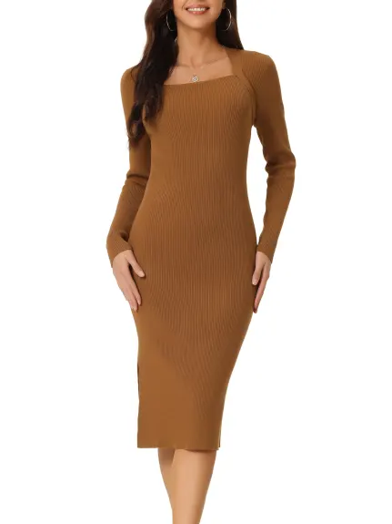 Allegra K- Square Neck Slim Fit Ribbed Knit Bodycon Midi Sweater Dress