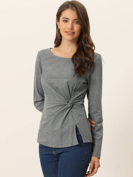 Allegra K- Round Neck Front Twist Ruched Top