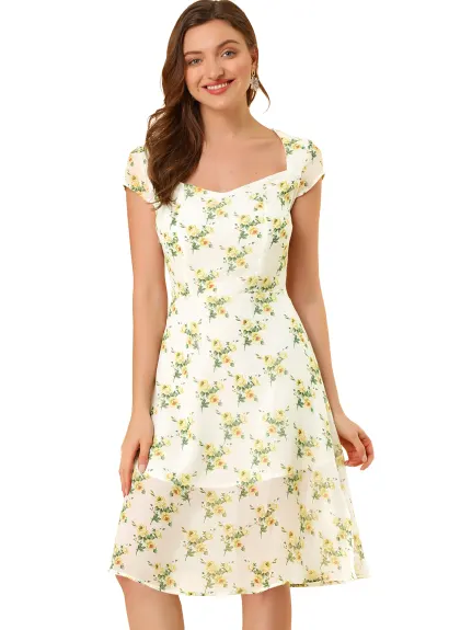 Allegra K- Smocked Sweetheart Cap Sleeve Cinched Floral Chiffon Midi Dress