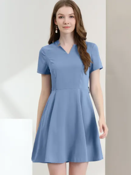 Allegra K- V Neck Short Sleeve A-Line Belted Elegant Dress