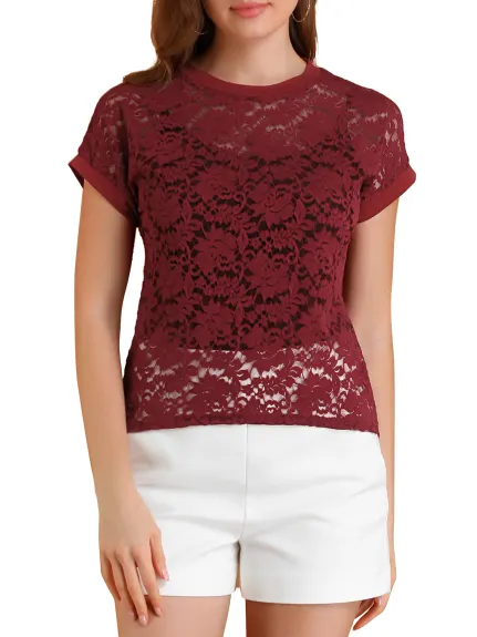 Allegra K- Lace Floral Embroidery See-Through Top