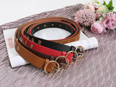 Allegra K- Studded Grommet Circle Metal Buckle Leather Belt