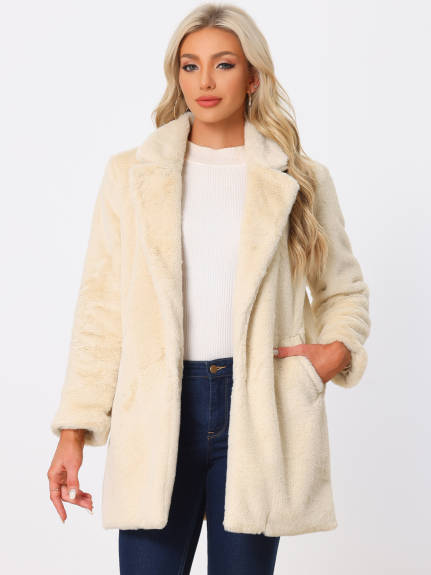 Allegra K - Open Front Fluffy Faux Fur Midi Jackets