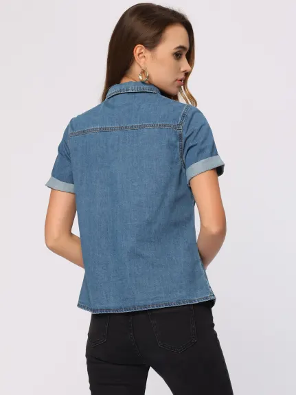 Allegra K- chemise en Jean col cranté boutonné