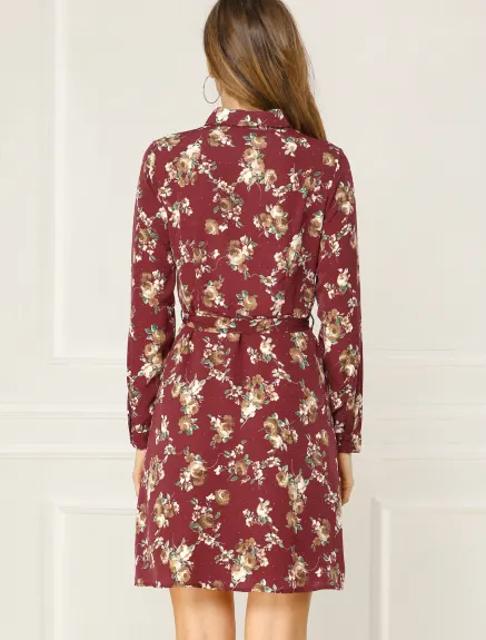 Allegra K- Lapel Button Down Belted Floral Shirt Dress