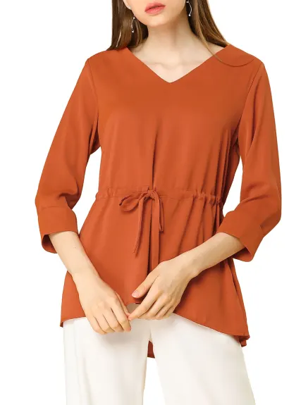 Allegra K- 3/4 Sleeve V Neck Drawstring Tie Waist Top