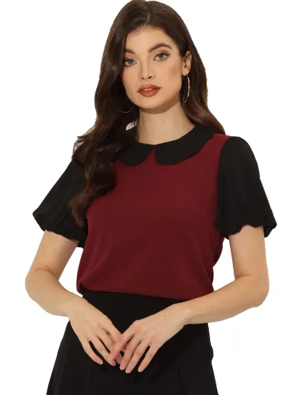 Allegra K- Peter Pan Collar Contrast Puff Top