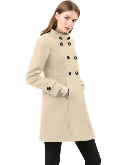 Allegra K- Stand Collar Long Sleeves Double Breasted Coat