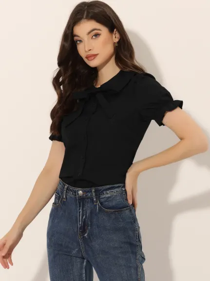 Allegra K- Puff Short Sleeve Tie Neck Shirt